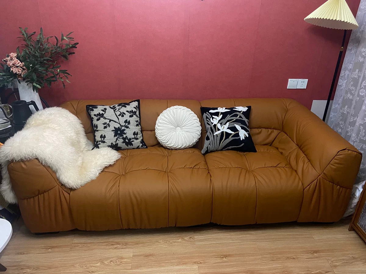 Super comfortable marshmallow sofa premium Italian grain leather luxury home