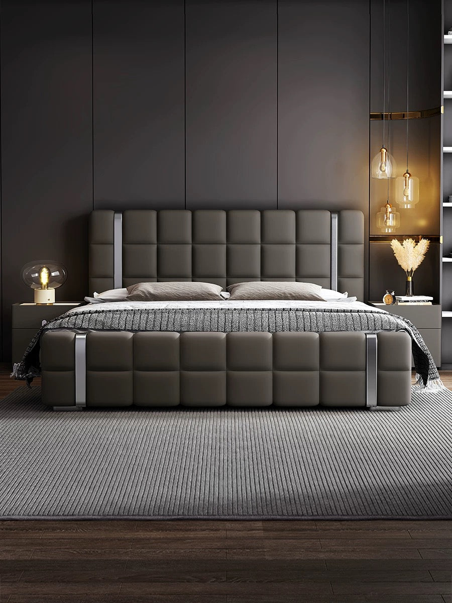 Genuine leather modern design bed minimalist style master bedroom double bed