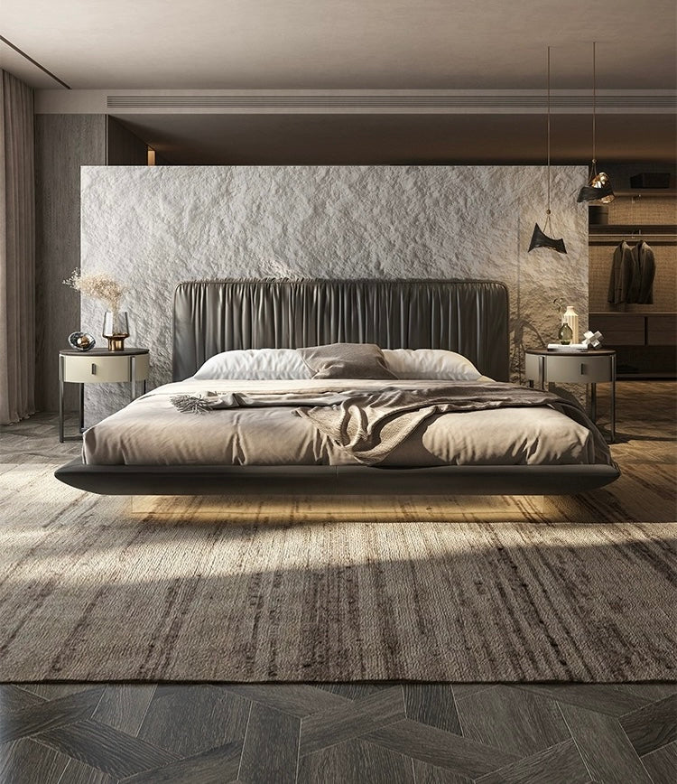 2024 NEW Italian minimalist crafted grain leather bed luxurious master bedroom furniture comfortable double bed