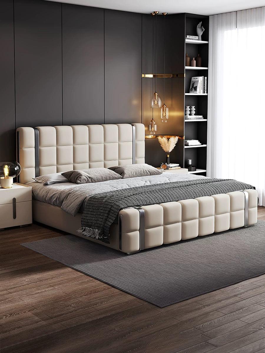 Genuine leather modern design bed minimalist style master bedroom double bed