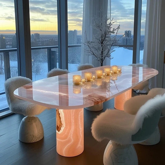 Natural Pink Jade Dinning Table Luxurious And Elegant Oval Table for Villa Club Restaurant