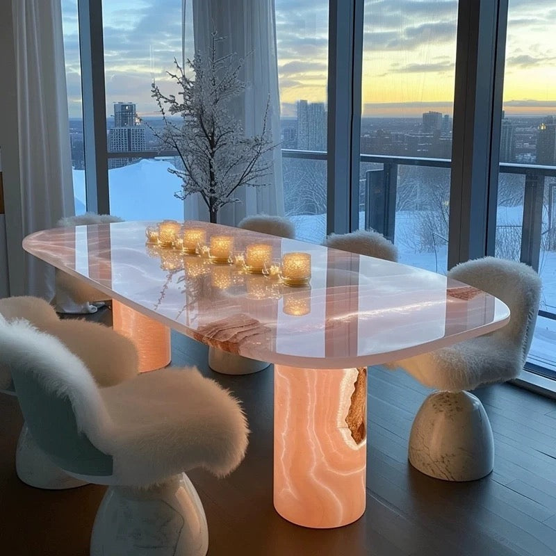 Natural Pink Jade Dinning Table Luxurious And Elegant Oval Table for Villa Club Restaurant