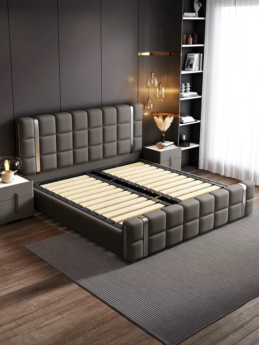 Genuine leather modern design bed minimalist style master bedroom double bed