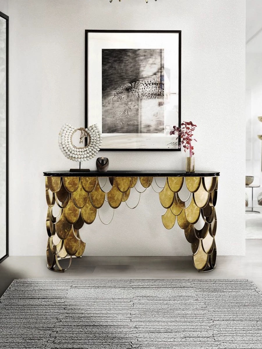 Elegant And Modern Marble Console Luxurious Golden Stainless Steel Side Table Villa Furniture