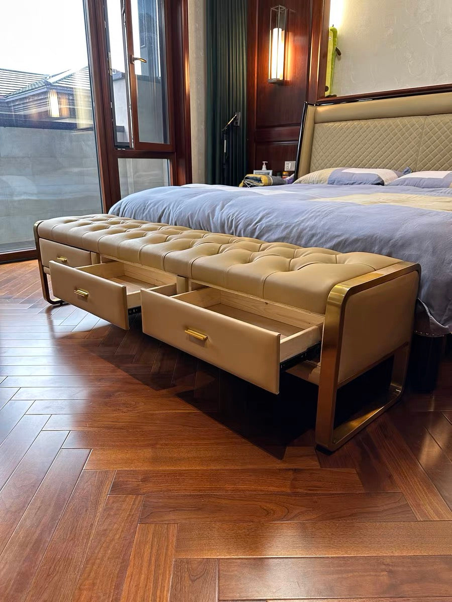 Classic buckle design leather bed stool golden with drawer modern bedroom