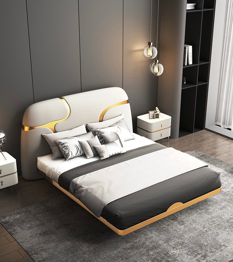 Luxurious floating bed leather double bed nuptial bed with lighting