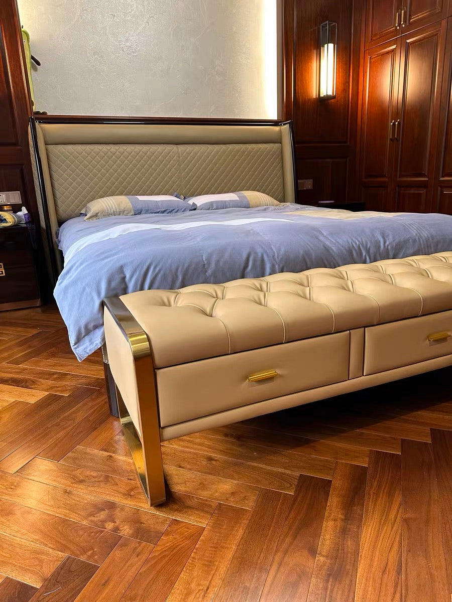 Classic buckle design leather bed stool golden with drawer modern bedroom