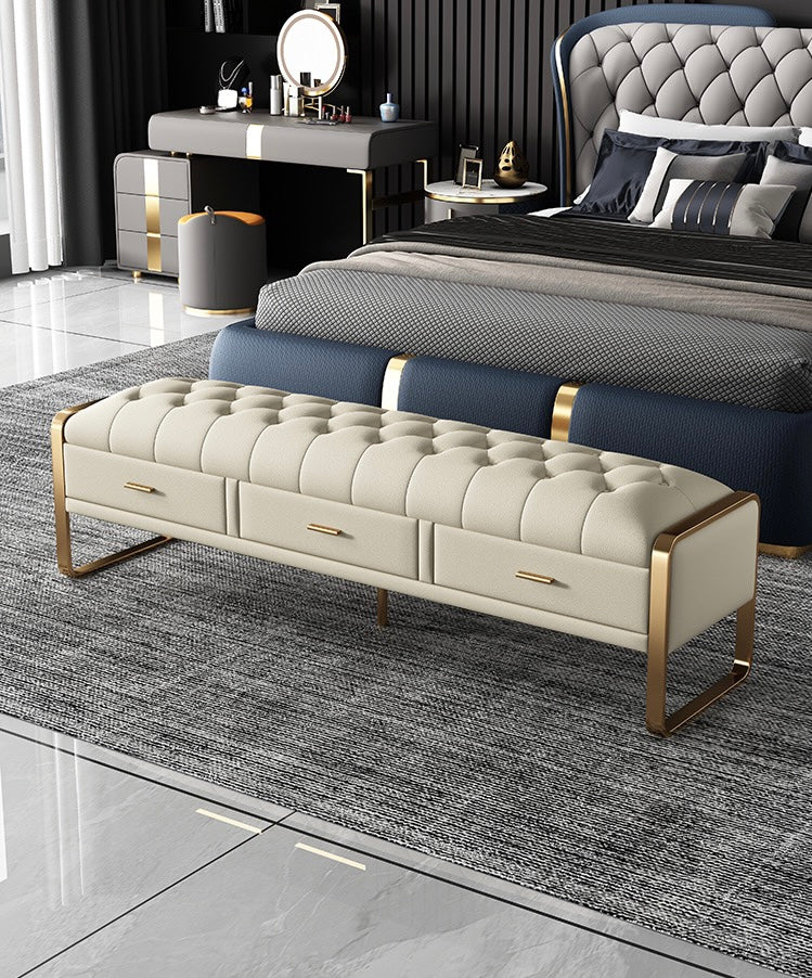 Classic buckle design leather bed stool golden with drawer modern bedroom