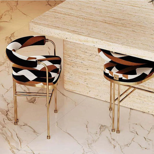 Geometric pattern velvet bar tool living room arm chair glossy stainless steel chair