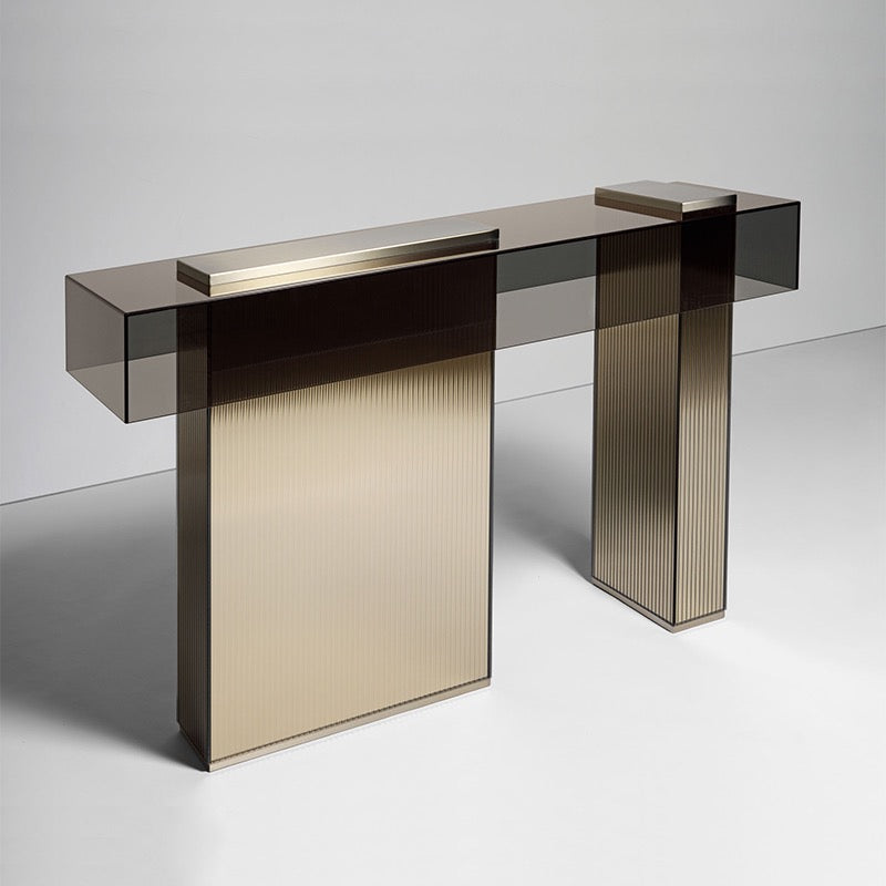 Black tempered glass console elegant side table hairline stainless steel